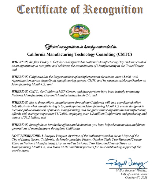 City of Lemon Grove Certificate of Recognition