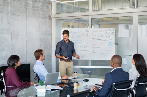 Company executive presenting new management strategy to team in conference room