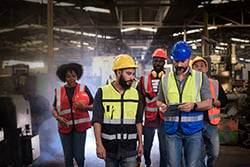group of manufacturing workers on a safety gemba walk