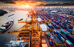 Logistics and transportation of Container Cargo ship and Cargo plane with working crane bridge in shipyard at sunrise, logistic import export and transport industry background