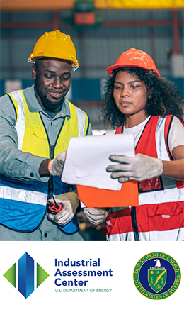 Image of two engineers looking at document + IAC and DOE logos